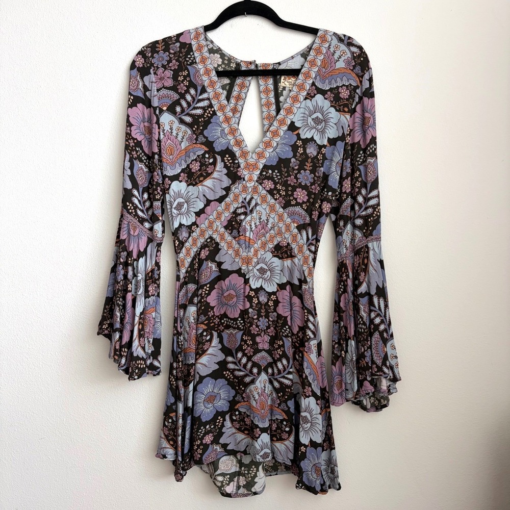 Nine Lives Bazaar Floral Bell Sleeve Open Back Mini Dress Retro Boho 12 S/M